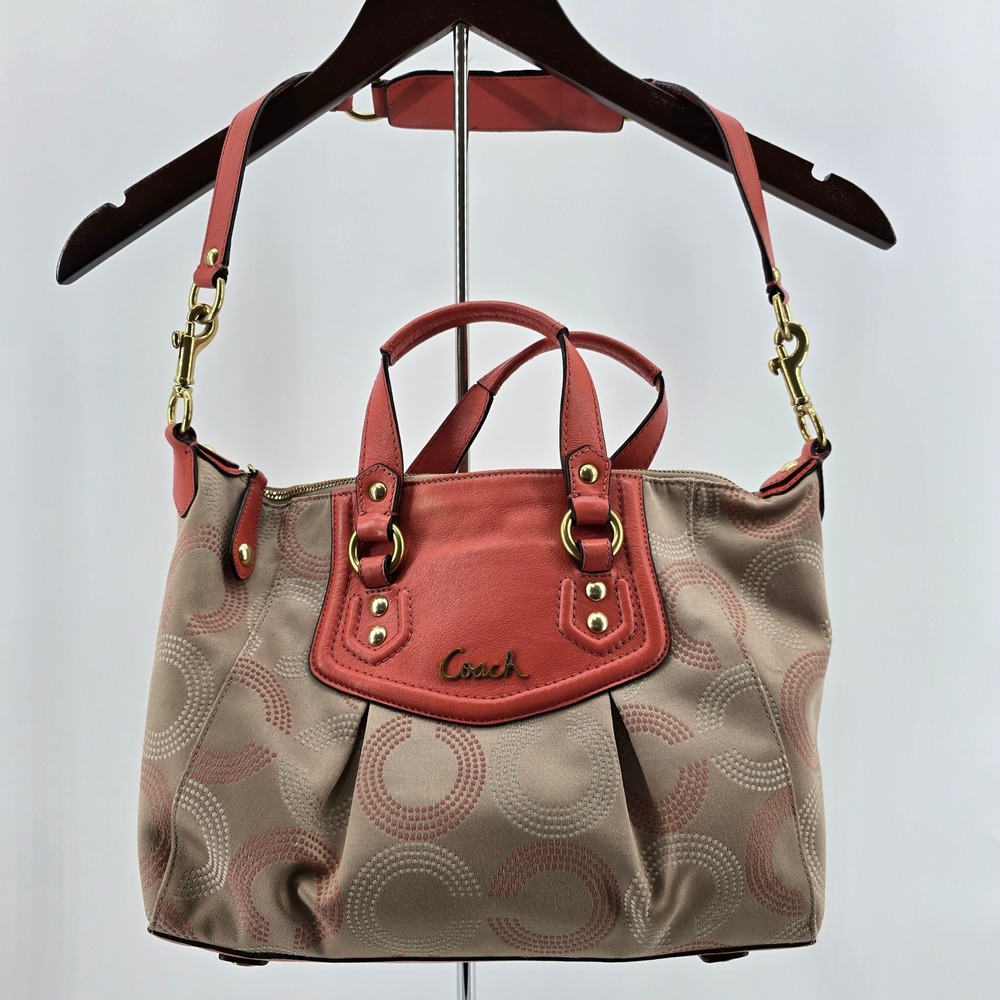 Coach Ashley Dotted Op Art Satchel Womens Leather Trim Coral Khaki F20027 Medium